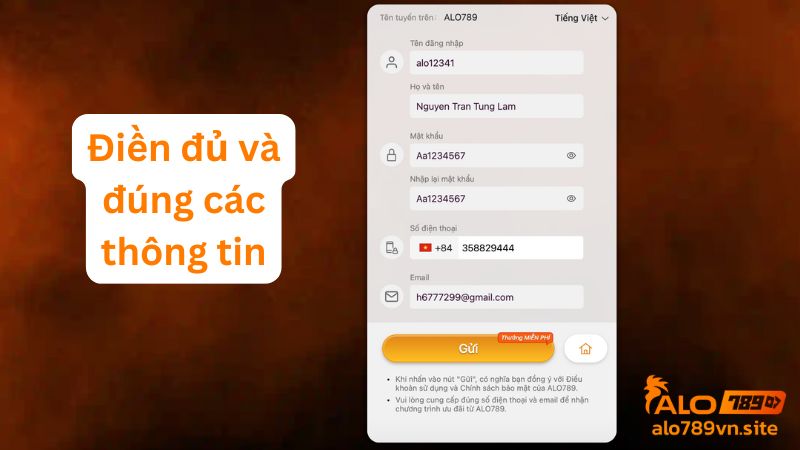 Nhập thông tin đăng ký ALO789